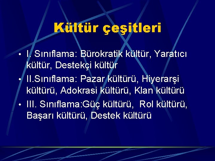 Kültür çeşitleri • I. Sınıflama: Bürokratik kültür, Yaratıcı kültür, Destekçi kültür • II. Sınıflama: