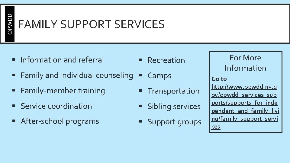 OPWDD FAMILY SUPPORT SERVICES § Information and referral § Recreation § Family and individual