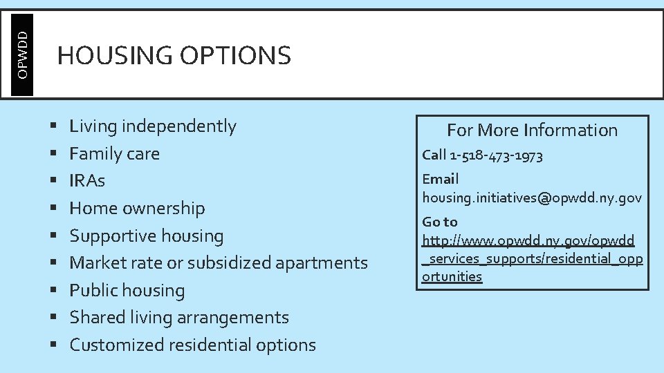 OPWDD HOUSING OPTIONS § § § § § Living independently Family care IRAs Home