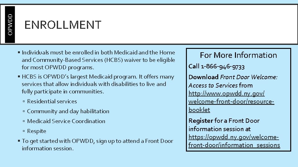 OPWDD ENROLLMENT § Individuals must be enrolled in both Medicaid and the Home and