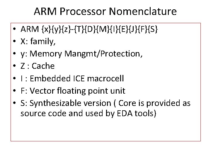 ARM Processor Nomenclature • • ARM {x}{y}{z}-{T}{D}{M}{I}{E}{J}{F}{S} X: family, y: Memory Mangmt/Protection, Z :