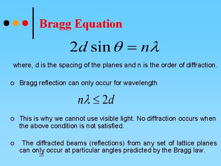Bragg Equation where, d is the spacing of the planes and n is the