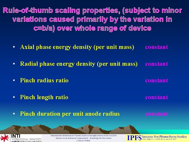 Rule-of-thumb scaling properties, (subject to minor variations caused primarily by the variation in c=b/a)