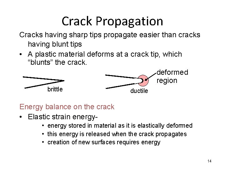 Crack Propagation Cracks having sharp tips propagate easier than cracks having blunt tips •