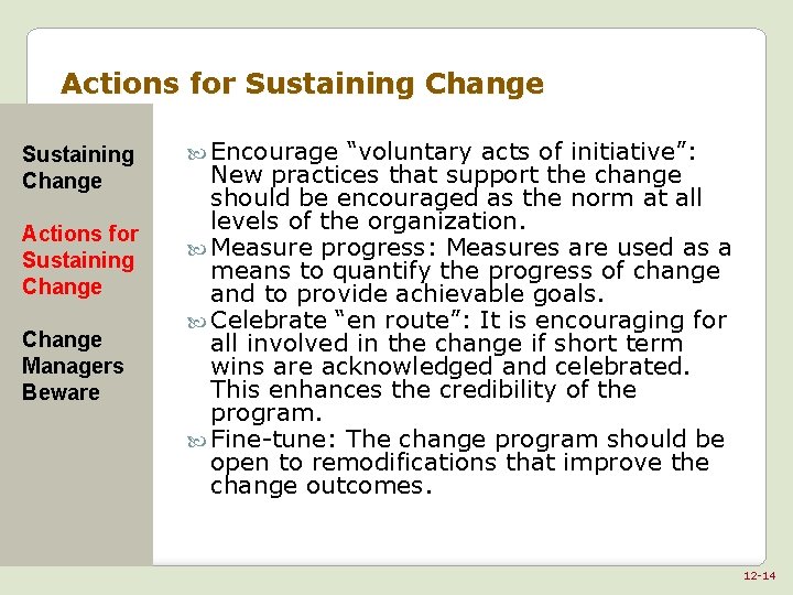 Actions for Sustaining Change Managers Beware Encourage “voluntary acts of initiative”: New practices that