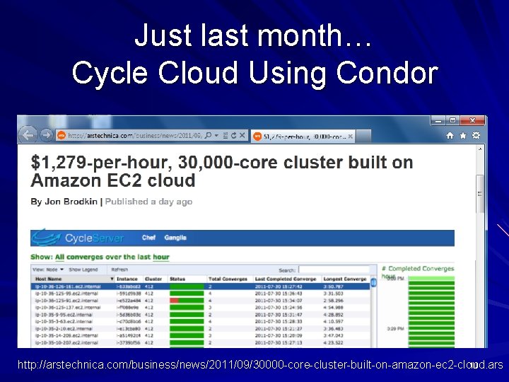 Just last month… Cycle Cloud Using Condor http: //arstechnica. com/business/news/2011/09/30000 -core-cluster-built-on-amazon-ec 2 -cloud. ars