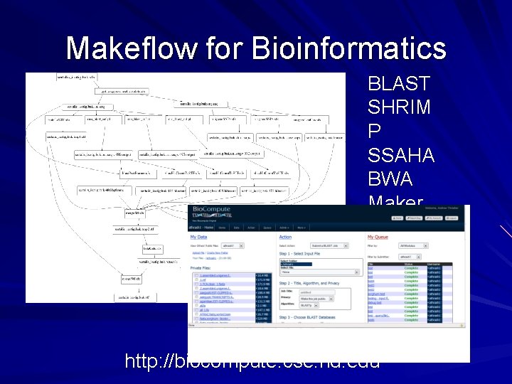 Makeflow for Bioinformatics BLAST SHRIM P SSAHA BWA Maker. . http: //biocompute. cse. nd.