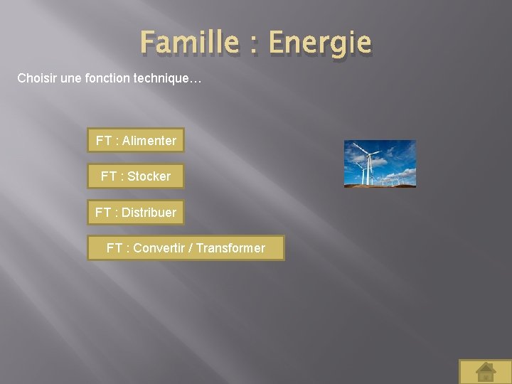 Famille : Energie Choisir une fonction technique… FT : Alimenter FT : Stocker FT