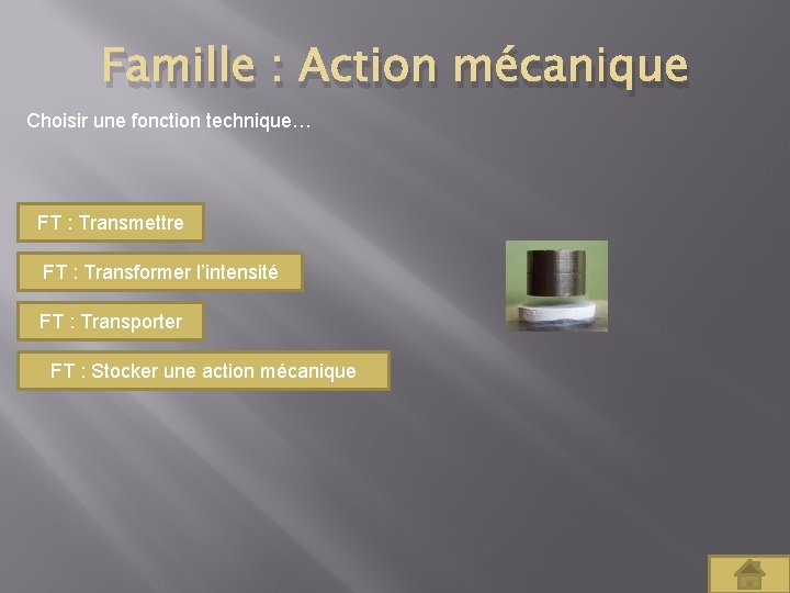 Famille : Action mécanique Choisir une fonction technique… FT : Transmettre FT : Transformer