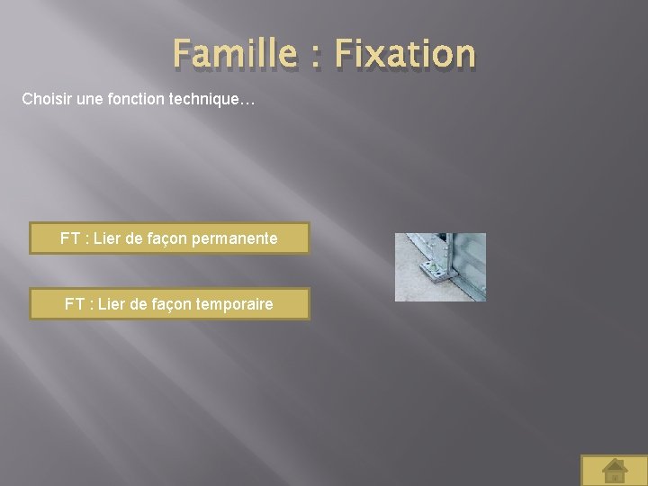 Famille : Fixation Choisir une fonction technique… FT : Lier de façon permanente FT