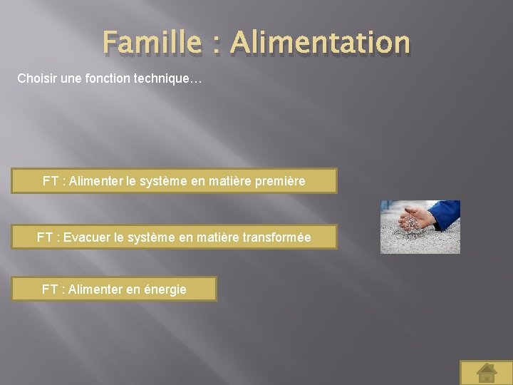 Famille : Alimentation Choisir une fonction technique… FT : Alimenter le système en matière