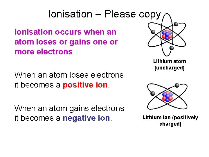 Ionisation – Please copy Ionisation occurs when an atom loses or gains one or
