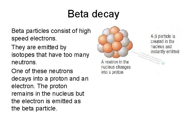 Beta decay Beta particles consist of high speed electrons. They are emitted by isotopes