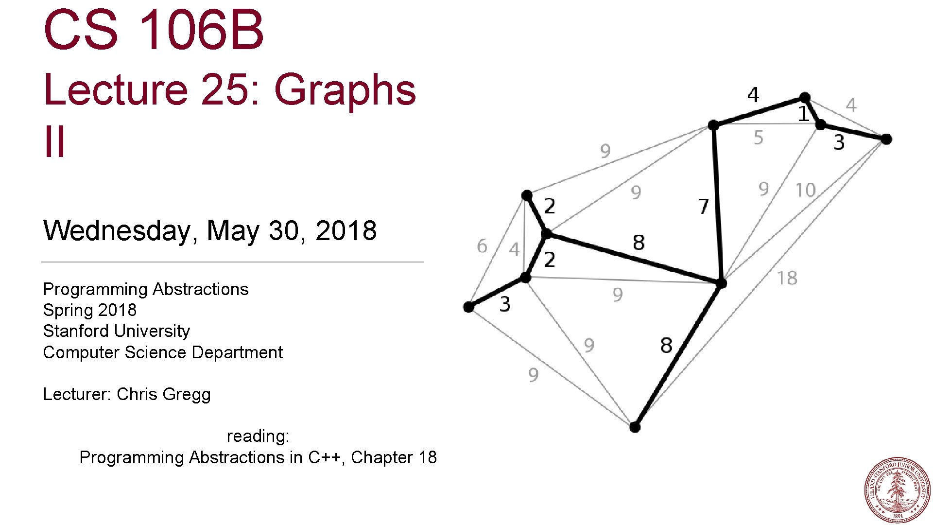 CS 106 B Lecture 25: Graphs II Wednesday, May 30, 2018 Programming Abstractions Spring