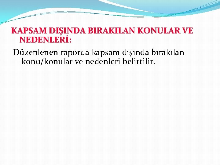 KAPSAM DIŞINDA BIRAKILAN KONULAR VE NEDENLERİ: Düzenlenen raporda kapsam dışında bırakılan konu/konular ve nedenleri