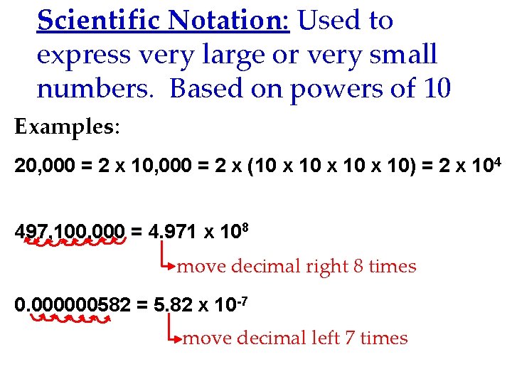 Scientific Notation: Used to express very large or very small numbers. Based on powers