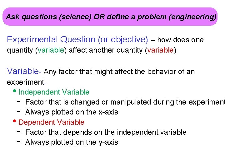 Ask questions (science) OR define a problem (engineering) Experimental Question (or objective) – how