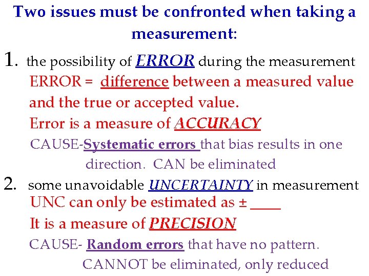 Two issues must be confronted when taking a measurement: 1. the possibility of ERROR