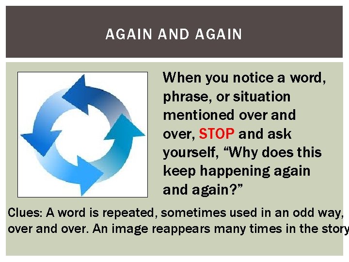 AGAIN AND AGAIN When you notice a word, phrase, or situation mentioned over and