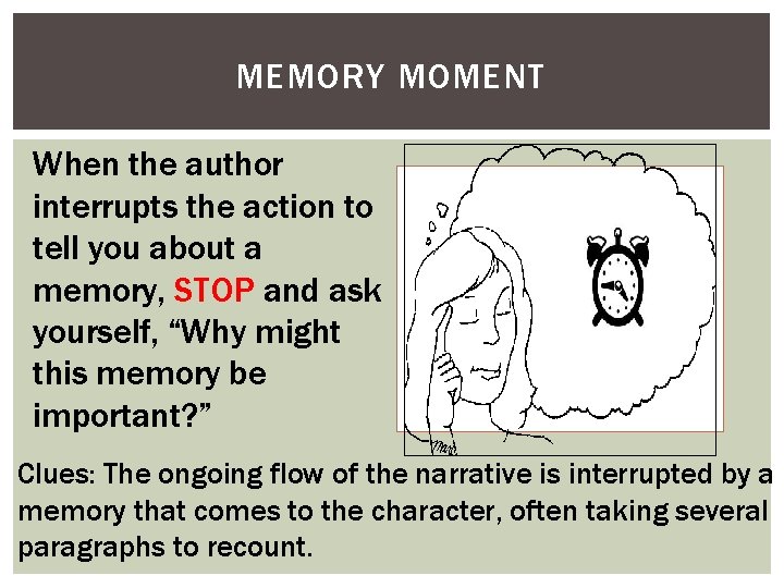 MEMORY MOMENT When the author interrupts the action to tell you about a memory,