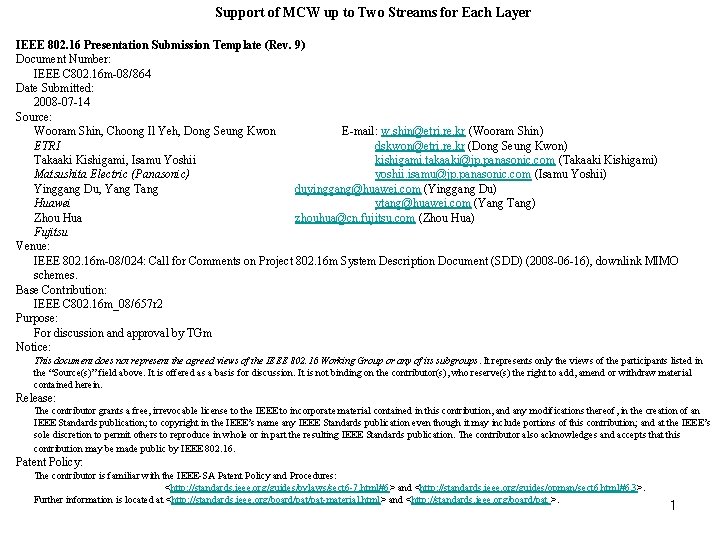 Support of MCW up to Two Streams for Each Layer IEEE 802. 16 Presentation