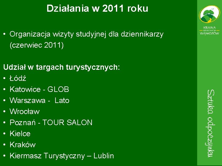 Działania w 2011 roku • Organizacja wizyty studyjnej dla dziennikarzy (czerwiec 2011) Udział w