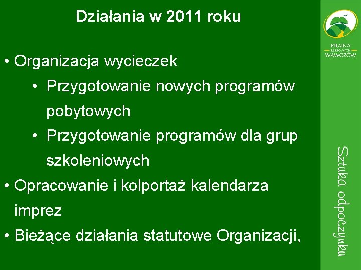 Działania w 2011 roku • Organizacja wycieczek • Przygotowanie nowych programów pobytowych • Przygotowanie