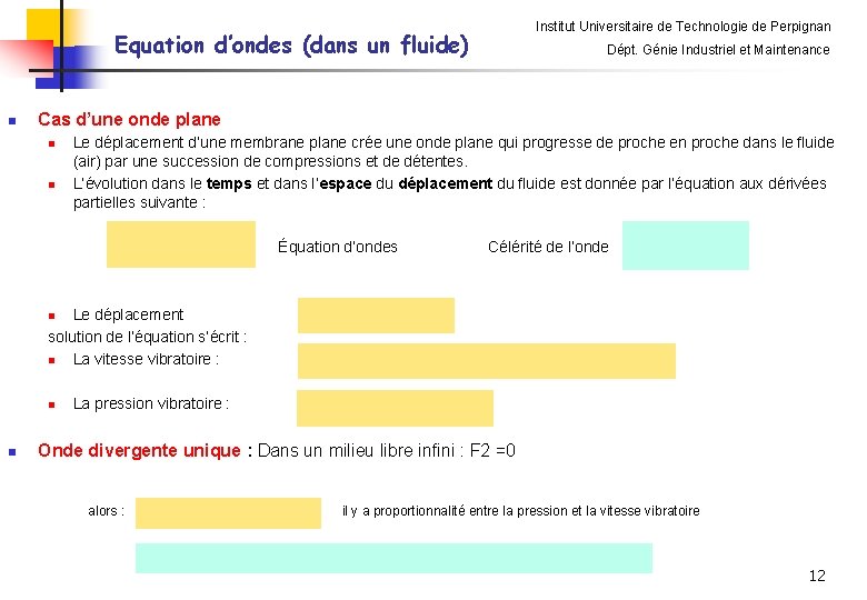 Institut Universitaire de Technologie de Perpignan Equation d’ondes (dans un fluide) n Dépt. Génie