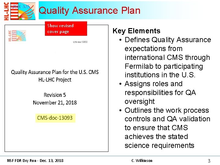 Quality Assurance Plan Show revised cover page NSF FDR Dry Run - Dec. 13,