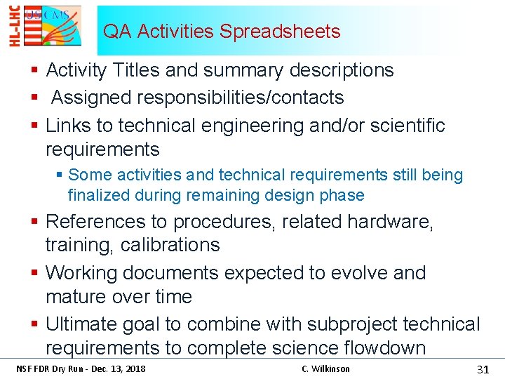 QA Activities Spreadsheets § Activity Titles and summary descriptions § Assigned responsibilities/contacts § Links