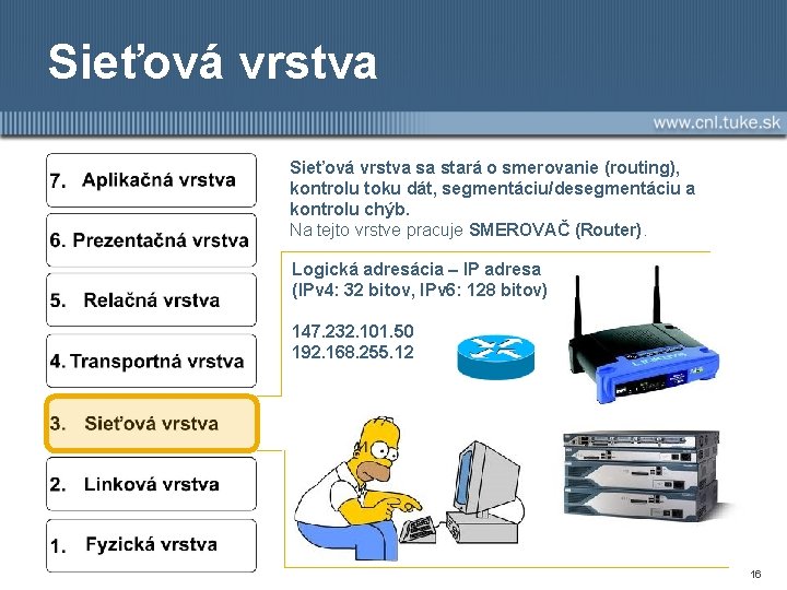 Sieťová vrstva sa stará o smerovanie (routing), kontrolu toku dát, segmentáciu/desegmentáciu a kontrolu chýb.