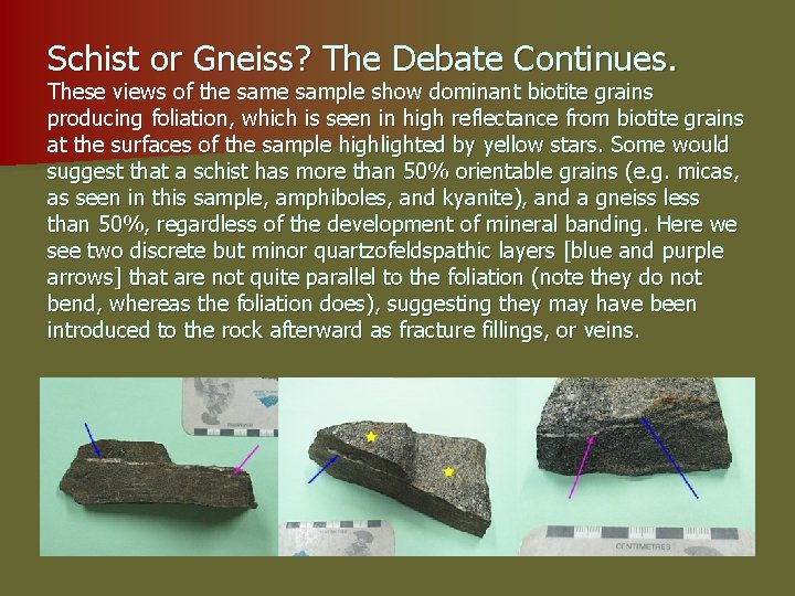 Schist or Gneiss? The Debate Continues. These views of the sample show dominant biotite