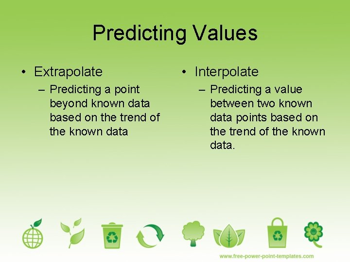 Predicting Values • Extrapolate – Predicting a point beyond known data based on the