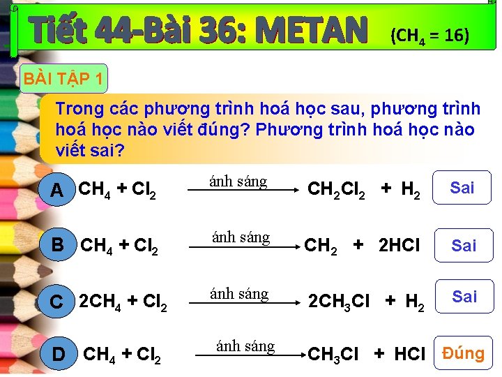 (CH 4 = 16) BÀI TẬP 1 Trong các phương trình hoá học sau,