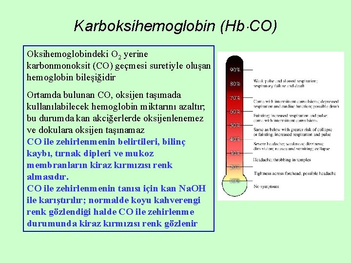 Karboksihemoglobin (Hb CO) Oksihemoglobindeki O 2 yerine karbonmonoksit (CO) geçmesi suretiyle oluşan hemoglobin bileşiğidir Karboksihemoglobin (Hb CO) Oksihemoglobindeki O 2 yerine karbonmonoksit (CO) geçmesi suretiyle oluşan hemoglobin bileşiğidir