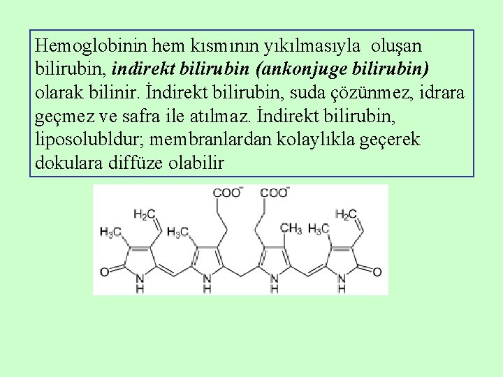 Hemoglobinin hem kısmının yıkılmasıyla oluşan bilirubin, indirekt bilirubin (ankonjuge bilirubin) olarak bilinir. İndirekt bilirubin, Hemoglobinin hem kısmının yıkılmasıyla oluşan bilirubin, indirekt bilirubin (ankonjuge bilirubin) olarak bilinir. İndirekt bilirubin,