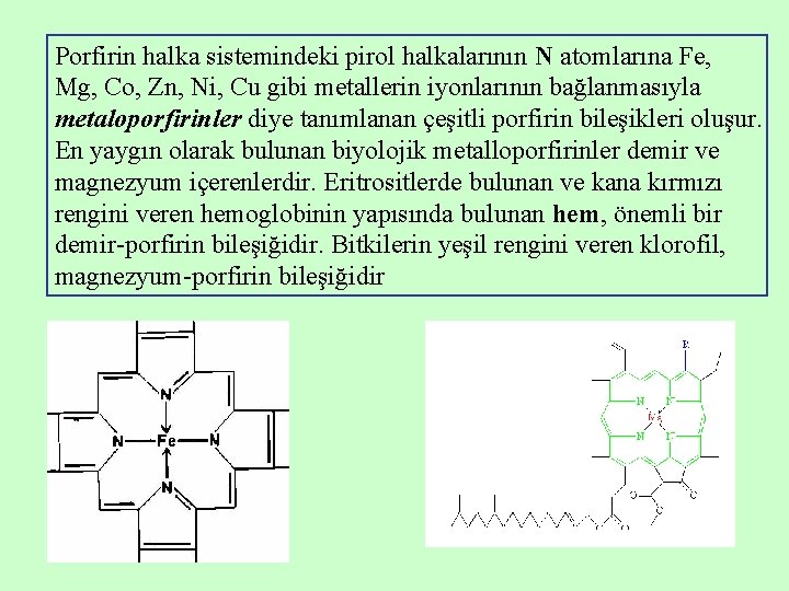 Porfirin halka sistemindeki pirol halkalarının N atomlarına Fe, Mg, Co, Zn, Ni, Cu gibi Porfirin halka sistemindeki pirol halkalarının N atomlarına Fe, Mg, Co, Zn, Ni, Cu gibi