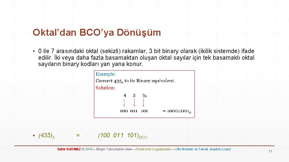 Oktal’dan BCO’ya Dönüşüm ▪ 0 ile 7 arasındaki oktal (sekizli) rakamlar, 3 bit binary