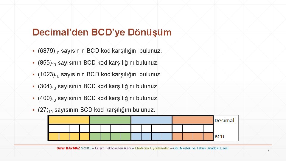 Decimal’den BCD’ye Dönüşüm ▪ (6879)10 sayısının BCD kod karşılığını bulunuz. ▪ (855)10 sayısının BCD