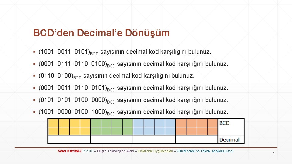 BCD’den Decimal’e Dönüşüm ▪ (1001 0011 0101)BCD sayısının decimal kod karşılığını bulunuz. ▪ (0001