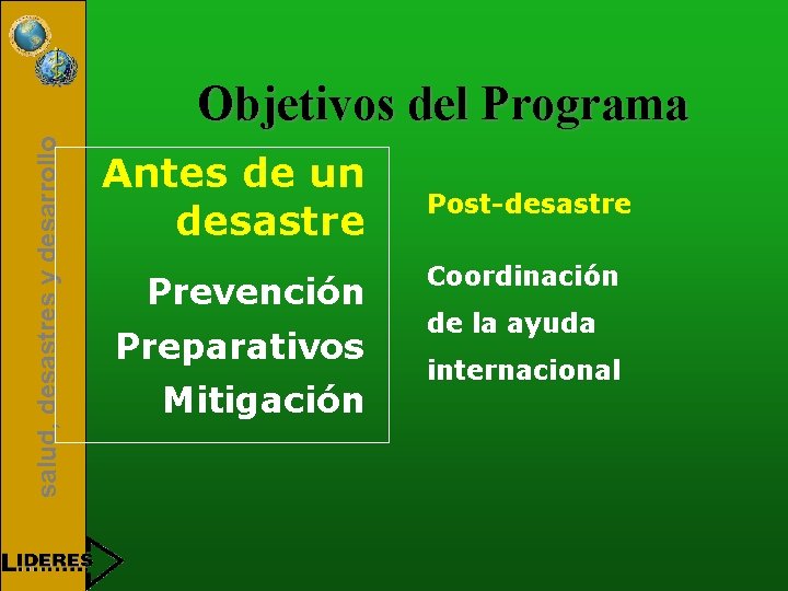 salud, desastres y desarrollo Objetivos del Programa Antes de un desastre Prevención Preparativos Mitigación