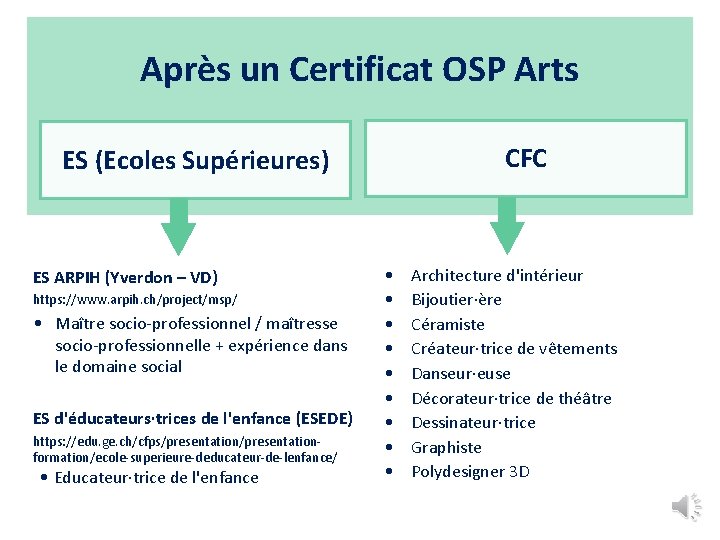 Après un Certificat OSP Arts CFC ES (Ecoles Supérieures) ES ARPIH (Yverdon – VD)