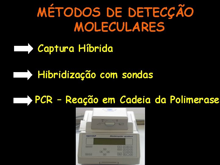 MÉTODOS DE DETECÇÃO MOLECULARES Captura Híbrida Hibridização com sondas PCR – Reação em Cadeia