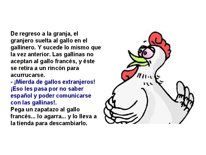 De regreso a la granja, el granjero suelta al gallo en el gallinero. Y