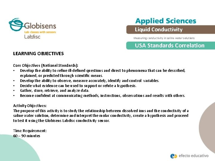 Liquid Conductivity Measuring conductivity in saline water solutions USA Standards Correlation LEARNING OBJECTIVES Core