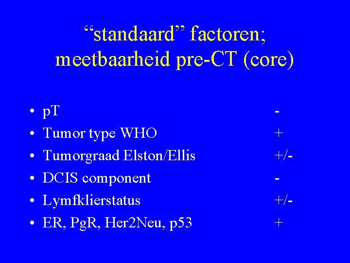 “standaard” factoren; meetbaarheid pre-CT (core) • • • p. T Tumor type WHO Tumorgraad