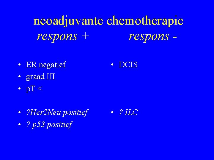 neoadjuvante chemotherapie respons + respons • ER negatief • graad III • p. T