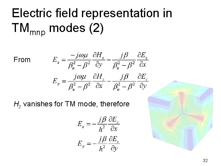 Electric field representation in TMmnp modes (2) From Hz vanishes for TM mode, therefore