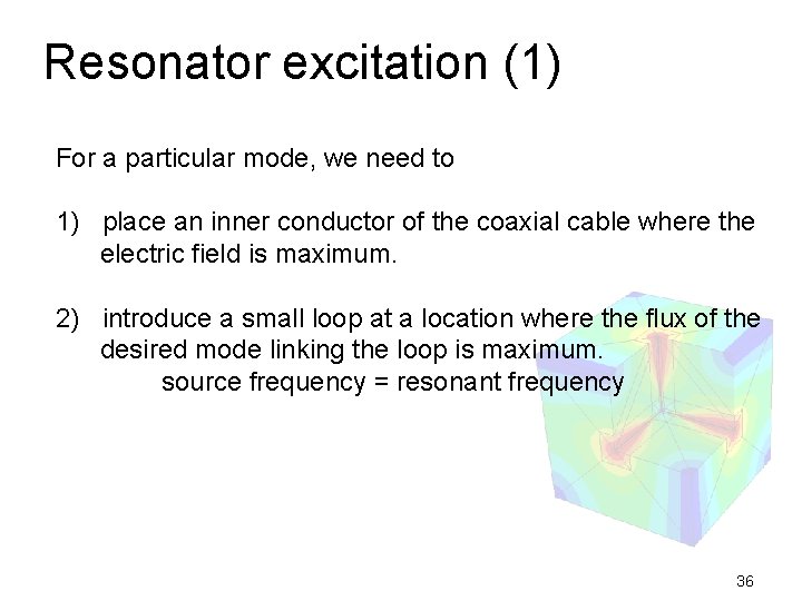 Resonator excitation (1) For a particular mode, we need to 1) place an inner