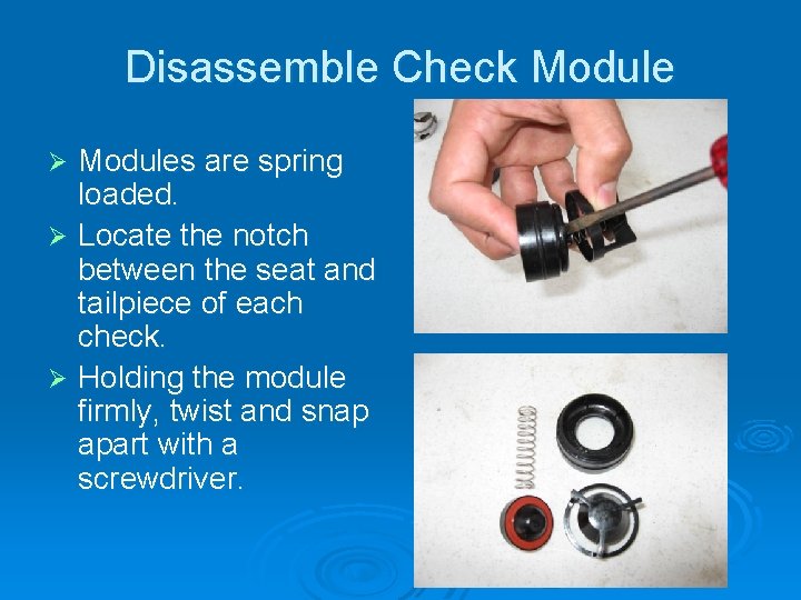 Disassemble Check Modules are spring loaded. Ø Locate the notch between the seat and